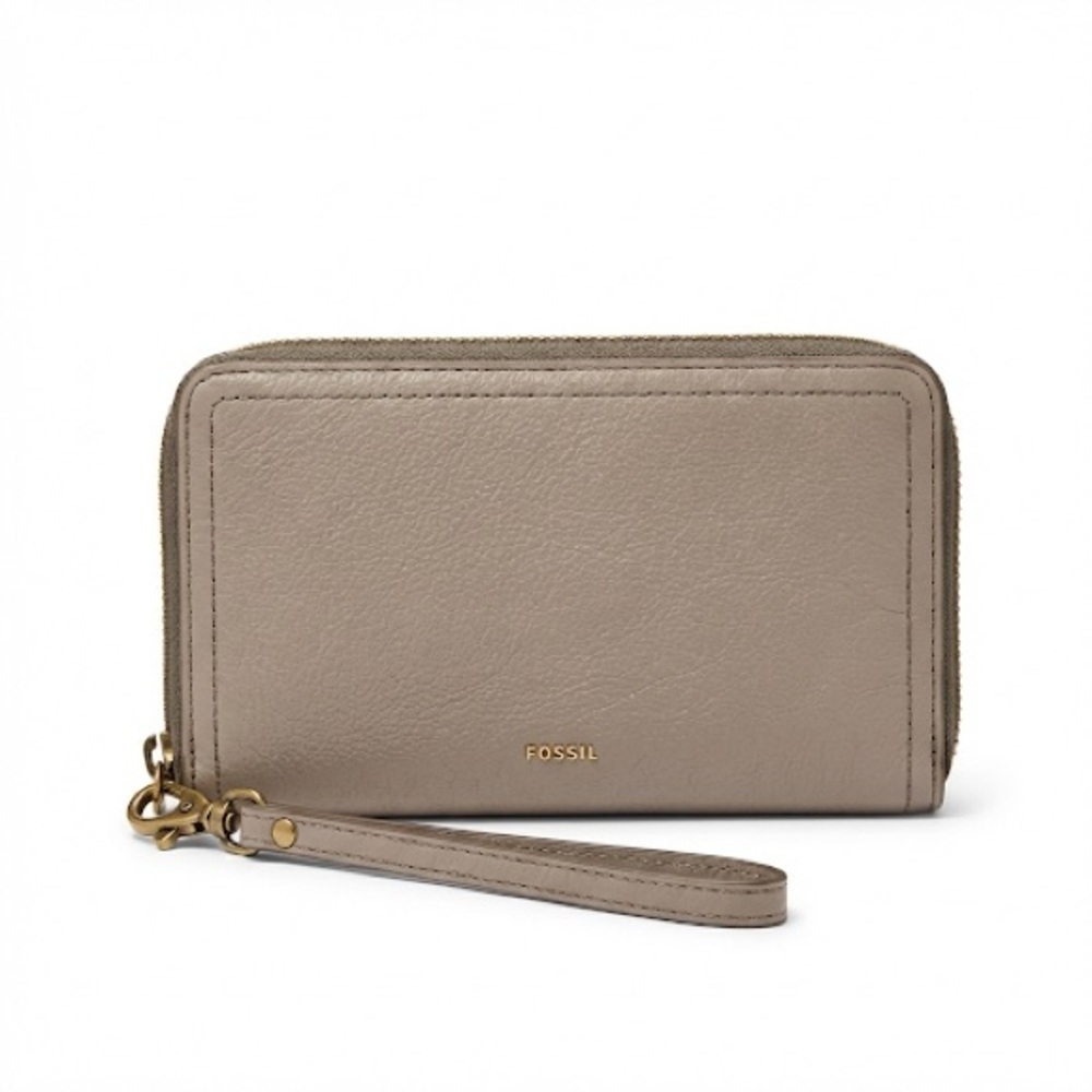 Fossil Wristlet Wallet Zip Around Leather Beige